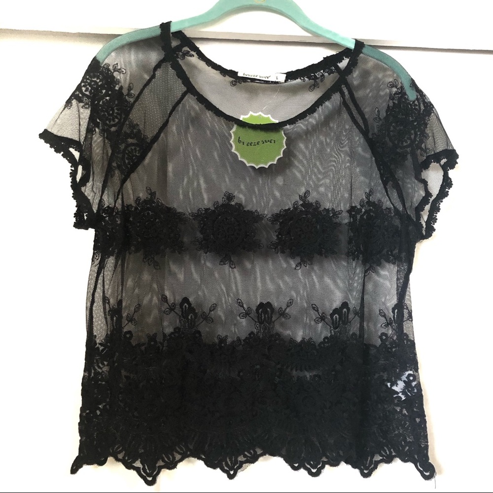 Breeze Ever- Black see through lace top  NWT